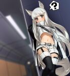  1girl ? against_wall animal_ears arknights bangs black_footwear black_gloves blush boots breasts brown_eyes closed_mouth crop_top elbow_gloves feet_out_of_frame garter_straps gloves hand_up high_collar highres horse_ears horse_girl horse_tail indoors long_hair long_sleeves medium_breasts navel platinum_(arknights) revealing_clothes seto_tinami shorts signature solo spoken_question_mark standing tail thigh_boots underboob very_long_hair white_hair white_shorts wide_sleeves 