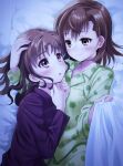  2girls blush breasts brown_eyes brown_hair closed_mouth collarbone hand_on_another&#039;s_head highres long_hair looking_at_another misaka_mikoto multiple_girls on_bed open_mouth pajamas shirai_kuroko short_hair small_breasts smile toaru_majutsu_no_index yonabe yuri 