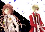  1boy 1girl black_background blonde_hair brown_hair cassock collar_x_malice collared_shirt green_eyes hoshino_ichika_(collar_x_malice) jacket long_hair long_sleeves mikuni_rei multicolored_background red_eyes red_jacket sen6as shirt sketch white_background white_shirt 