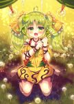  1girl barefoot dress duel_monster flower green_eyes green_hair hair_ribbon highres long_hair looking_at_viewer open_mouth ribbon seiza sitting smile solo suzunone_rena traptrix_sera twintails two_side_up yellow_dress yu-gi-oh! 