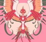  absurd_res anthro asian_mythology avian beak countershading east_asian_mythology feathered_wings feathers female front_view genitals glare green_eyes hi_res looking_at_viewer multicolored_body multicolored_feathers mythological_avian mythological_fenghuang mythological_firebird mythology navel nude pose power_stance pussy red_body simple_background solo standing symmetry winged_arms wings xzorgothoth 