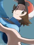  1boy blue_jacket brown_eyes brown_hair closed_mouth commentary_request hat highres hilbert_(pokemon) jacket jeri20 looking_at_viewer male_focus poke_ball_print pokemon pokemon_(game) pokemon_bw red_headwear short_hair simple_background smile solo upper_body 