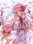  1girl :d bangs blonde_hair blue_eyes blue_sky blush bow capelet cherry_blossoms commentary_request cowboy_shot crossover dress enoki_3106 fairy_wings feathered_wings flower halo hands_up hat hat_bow hat_flower kirby kirby_(series) lily_white long_hair long_sleeves looking_at_viewer necktie open_mouth outdoors red_bow red_necktie signature sky smile touhou white_capelet white_dress white_headwear wings 