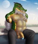 2021 abs anthro arm_tattoo balls beard bedroom_eyes belly belly_hair biceps blue_glans body_hair bottomwear chest_hair chest_tattoo clothed clothing crocodile crocodilian crocodylid facial_hair fangs flaccid genitals glans graventhax grey_hair hair hairy hairy_balls hi_res looking_at_viewer male manly mature_male moon musclegut muscular mustache narrowed_eyes navel nipple_piercing nipple_ring nipples open_bottomwear open_clothing open_mouth open_pants pants pecs penis piercing pubes reptile ring_piercing scalie seductive shoulder_tattoo sitting slightly_chubby solo tattoo teeth topless undressing vein veiny_penis yellow_sclera 
