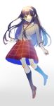  1girl absurdres black_hair black_socks blazer brown_jacket clock_zero full_body green_eyes headband highres jacket kurou_nadeshiko long_hair long_sleeves orenjisiro plaid plaid_skirt school_uniform skirt socks solo white_headband 