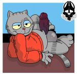  anthro balls black_highlights blue_eyelids clothing dogmanart eyebrows felid feline fritz_the_cat fritz_the_cat_(character) fur genitals glistening glistening_balls glistening_genitalia grey_body grey_fur hi_res highlights_(coloring) male mammal raised_eyebrow red_clothing red_sweater red_topwear smile sweater topwear yellow_eyes 