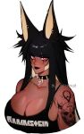  1girl animal_ears ankh anput_(nsfwolf) arm_tattoo artist_name band_shirt bangs black_choker black_hair black_lips black_tank_top breasts choker cleavage collarbone dark-skinned_female dark_skin english_commentary freckles highres jackal_ears jewelry large_breasts long_hair looking_at_viewer making-of_available merchandise necklace nose_piercing nsfwolf original piercing pink_eyes portrait rammstein_(band) smile solo spiked_choker spikes tank_top tattoo white_background 