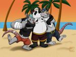  2023 anthro beach bear black_body black_fur black_nose blue_hair blush bottomwear brok_the_investigator clothing dart_(brok_the_investigator) embrace feet fur giant_panda grey_body grey_fur group hair hubie360 hug male mammal murid murine outside palm_tree plant rat rodent seaside shirt shorts squealers_chief topwear tree white_body white_fur 