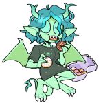  2022 alpha_channel blue_hair claws crumbs demon dessert discount-supervillain doughnut eating female food green_body green_skin hair horn horned_humanoid humanoid humanoid_pointy_ears not_furry sharp_teeth simple_background solo teeth toe_claws transparent_background wings 
