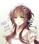  1girl 2018 black_ribbon blush brown_hair collar_x_malice dress flower green_eyes hair_flower hair_ornament hair_ribbon happy_birthday hazel_(silver_vine) hoshino_ichika_(collar_x_malice) looking_at_viewer ribbon short_sleeves smile solo star_(symbol) wedding_dress white_background 