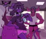  2022 bodily_fluids bottle bottomwear clothing container demon discount-supervillain girly gym hair horn horned_humanoid humanoid male muscular muscular_humanoid muscular_male not_furry ponytail purple_body purple_skin red_body red_skin shorts sweat water_bottle 