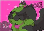  5_fingers anthro belly big_belly black_body black_fur bulge clothing duo fingers fur generation_8_pokemon generation_9_pokemon green_body green_fur grimmsnarl hand_on_stomach happy hi_res male male/male multicolored_body multicolored_fur musclegut muscular muscular_anthro muscular_male nintendo okidogi open_mouth overweight overweight_anthro overweight_male pecs pink_background pink_clothing pink_nose pink_underwear pokemon pokemon_(species) sharp_teeth simple_background standing swirlzeez teeth two_tone_body two_tone_fur underwear 