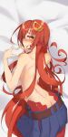  1girl absurdres back bed_sheet belt blue_skirt blush commission dakimakura_(medium) from_behind hair_ornament hairclip heart heart_hands highres lamia long_hair looking_at_viewer looking_back miia_(monster_musume) monster_girl monster_musume_no_iru_nichijou pixiv_commission pleated_skirt pointy_ears red_hair skirt slit_pupils solo thomas_(aoakumasan) topless upper_body 
