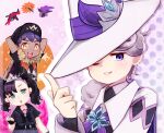  1girl 2boys :d arm_behind_head bangs bede_(champion)_(pokemon) bede_(pokemon) black_headwear blush chibi commentary_request galarian_articuno galarian_moltres galarian_zapdos grey_hair hand_up hat hat_ribbon highres hop_(champion)_(pokemon) hop_(pokemon) index_finger_raised marnie_(champion)_(pokemon) marnie_(pokemon) multiple_boys official_alternate_costume one_eye_closed open_mouth parted_lips pokemon pokemon_(game) pokemon_masters_ex purple_eyes purple_hair purple_ribbon ribbon shira_mizu short_hair short_sleeves smile sparkle star_(symbol) white_headwear wizard_hat yellow_eyes 