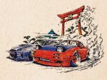  1boy 1girl brown_background car cat driving english_commentary headlight mazda mazda_rx-7 mazda_rx-7_fc motor_vehicle mount_fuji nissan nissan_gt-r original ozizo racing smile smoke sports_car toon_(style) torii tree vehicle_focus 