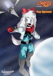  absurd_res airwing anthro blue_eyes bottomwear breasts cabimangaka canid canine canis clothed clothing domestic_dog english_text fay_spaniel female fluffy fluffy_tail fully_clothed fur gun hair hi_res holding_gun holding_object holding_weapon japanese_text katakana mammal nintendo pattern_background planet ranged_weapon ribbons simple_background solo space star-shaped_background star_fox tail text weapon white_body white_fur white_hair 