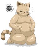  3_toes annoyed anthro bodily_fluids domestic_cat enigi09 eyes_closed feet felid feline felis flustered kainushi-san kneeling male mammal navel nude overweight overweight_male pinching_belly simple_background solo sweat tail toes touching_belly weight_conscious whiskers white_background 