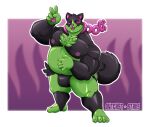  4_toes 5_fingers anthro belly big_muscles black_body black_clothing black_fur black_underwear blep bulge chest_tuft clothing eyes_closed feet fingers fluffy fluffy_tail fur generation_9_pokemon gesture green_body green_fur hand_on_stomach hi_res male multicolored_body multicolored_fur musclegut muscular muscular_anthro muscular_male nintendo nipples okidogi outcast-stars overweight overweight_anthro overweight_male pawpads pecs pink_nipples pink_nose pink_pawpads pokemon pokemon_(species) signature solo standing tail toes tongue tongue_out tuft two_tone_body two_tone_fur underwear v_sign 