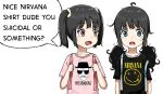  2girls aiu404l arms_at_sides band_shirt black_hair black_shirt blue_eyes blush breaking_bad english_text female_child frown highres looking_at_viewer low_twintails merchandise multiple_girls nirvana_(band) open_mouth original pink_eyes pink_shirt print_shirt shirt short_sleeves smile straight-on surprised twintails walter_white white_background 