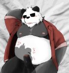  2023 anthro balls bear belly black_body black_nose blush clothed clothing erection eyes_closed genitals giant_panda hi_res kemono lying male mammal moobs navel nipples open_clothing open_shirt open_topwear overweight overweight_male penis shirt snow_utamaru solo_focus tongue tongue_out topwear white_body 