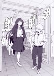  1boy 1girl 6+others absurdres black_hair blush bow bowtie cellphone door full_body height_difference highres long_hair multiple_others original phone poriuretan school_uniform shirt shoes short_hair smartphone standing standing_on_one_leg straight_hair tall_female white_hair white_shirt 