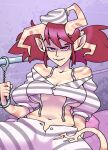  2022 big_breasts bite biting_lip biting_own_lip bottomwear breasts clothed clothing cuff_(restraint) demon discount-supervillain female hair handcuffs hi_res horn horned_humanoid humanoid humanoid_pointy_ears metal_cuffs navel open_bottomwear open_clothing open_pants pants prisoner red_hair restraints solo twintails_(hairstyle) 