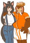  anthro belly big_belly big_breasts bodily_fluids breasts canid canine canis clothed clothing domestic_dog duo embarrassed embrace erection erection_under_clothing female hair hi_res hug komenuka_inaho long_hair looking_at_another male male/female mammal mohuko_(komenuka_inaho) overweight sweat sweatdrop 