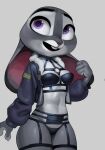  anthro bdsm_gear breasts cleavage clothed clothing disney female fur grey_body grey_fur hi_res judy_hopps lagomorph leporid mammal multicolored_body multicolored_fur open_mouth purple_eyes qupostuv35 rabbit solo two_tone_body two_tone_fur white_body white_fur zootopia 