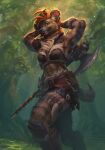  2023 abs absurd_res anthro armor axe belt dungeons_and_dragons ear_piercing ear_ring female forest forest_background gnoll hair hands_behind_head hasbro hi_res hyena mammal midriff muscular muscular_female nature nature_background orange_eyes orange_hair piercing plant ring_piercing solo spotted_hyena teeth tree two_handed_axe unconvincing_armor undoodle_art wizards_of_the_coast 