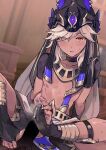  2boys bangs black_choker black_headwear blurry blurry_background blush censored choker cum cyno_(genshin_impact) eatsthgood egyptian_clothes footjob genshin_impact hair_over_one_eye hat long_hair looking_at_viewer male_focus male_pubic_hair multiple_boys parted_lips penis pubic_hair red_eyes sitting solo_focus sweat toeless_legwear white_hair yaoi 