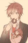  1boy 1girl black_jacket brother_and_sister brown_background brown_eyes brown_hair collar_x_malice collared_shirt doughnut food holding holding_food hoshino_ichika_(collar_x_malice) hoshino_kazuki_(collar_x_malice) jacket long_sleeves male_focus shirt short_hair siblings sswaves white_shirt 