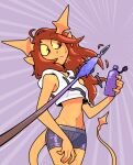  2022 attack bottle bottomwear clothing container crop_top demon discount-supervillain female hoodie horn horned_humanoid humanoid melee_weapon midriff not_furry orange_body orange_eyes orange_skin polearm shirt shorts solo spear topwear weapon yellow_sclera 
