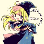  1girl bangs blonde_hair blue_eyes blue_tunic blush hand_on_hip hat long_hair long_sleeves looking_at_viewer lowres madou_monogatari open_mouth puyopuyo rakuni simple_background smile star_(symbol) white_background witch_(puyopuyo) witch_hat 