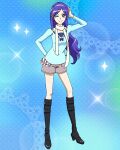  1girl aono_miki artist_request black_footwear blue_background boots casual commentary english_commentary eyelashes fresh_precure! hairband happy highres knee_boots kneehighs long_hair looking_at_viewer official_art one_eye_closed precure precure_connection_puzzlun purple_eyes purple_hair scarf shorts smile socks solo standing third-party_source 