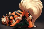  2020 anthro arcanine arlean_(raster_dreams) asian_mythology ass_up balls dragon duo ears_up east_asian_mythology eastern_dragon eyes_closed feral generation_1_pokemon genitals hi_res looking_at_another looking_at_partner looking_back male mythology narrowed_eyes nintendo orange_body pokemon pokemon_(species) raised_tail raster_dreams red_eyes signature sitting sitting_on_ground size_difference tail tongue tongue_out under_balls 