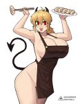  1girl :d apron arms_up blonde_hair breasts character_request chopsticks copyright_request curvy demon_girl demon_horns demon_tail donburi_(donburikazoku) fangs food holding holding_chopsticks holding_plate horns huge_breasts naked_apron open_mouth plate red_eyes simple_background smile solo standing tail white_background 