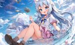  1girl :d animal_ear_fluff animal_ears aqua_eyes ass auto_ins bangs bare_legs bird blue_hair blue_sky blush brown_footwear cat_ears cat_girl cloud commentary_request day hair_between_eyes hand_up highres knees_up long_hair looking_at_viewer miniskirt no_pupils open_mouth original outdoors partially_submerged pink_skirt sailor_collar sailor_shirt shirt shoes short_sleeves sidelocks sitting skirt sky smile solo thighs water white_shirt 