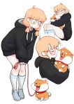  1girl absurdres ahoge animal_hug bangs bent_over black_hoodie blue_eyes blue_footwear blush breasts closed_eyes closed_mouth colo_(nagrolaz) commentary cropped_legs cropped_torso dog dot_nose english_commentary feet_out_of_frame freckles full_body glasses hair_over_shoulder heart highres holding holding_leash hood hood_down hoodie kiss leash light_brown_hair long_hair looking_down low_twintails medium_breasts multiple_views oversized_clothes own_hands_together pigeon-toed red-framed_eyewear rita_(sweethex) short_eyebrows simple_background sitting sleeves_past_wrists smile socks straight_hair sweethex swept_bangs twintails upper_body wavy_mouth white_background white_socks 