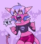  2021 angry blush bottomwear clothing demon discount-supervillain exclamation_point female horn horned_humanoid humanoid humanoid_pointy_ears midriff not_furry sharp_teeth shorts solo teeth 
