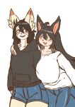  anthro big_breasts blush breasts brown_eyes canid canine canis clothed clothing domestic_dog duo felid female green_eyes hi_res hoodie huge_breasts komenuka_inaho looking_at_another male mammal mohuko_(komenuka_inaho) open_mouth smile topwear 