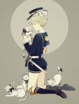  1boy animal bishounen black_footwear blonde_hair blue_shirt blue_shorts circle full_body gokotai gokotai&#039;s_tigers hat holding holding_animal kneehighs kneeling moriya_yuka profile sailor_collar shirt short_sword shorts socks sword tagme tantou tiger tiger_cub touken_ranbu two-tone_background weapon white_tiger yellow_eyes 