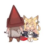  1girl animal_ears axel-v ball blonde_hair chibi dress fox_ears full_body gloves hair_ornament helmet highres holding kurune_kokuri long_hair mota pyramid_head silent_hill_(series) silent_hill_2 simple_background skirt smile temari_ball virtual_youtuber weapon white_background white_gloves 