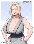  1girl blonde_hair blush breasts cleavage closed_eyes collarbone facial_mark forehead_mark hands_on_hips huge_breasts kameseru konohagakure_symbol laughing long_hair muscular muscular_female nail_polish naruto naruto_(series) naruto_shippuuden open_mouth red_nails sash sleeveless smile solo tsunade_(naruto) wide_hips 