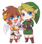  2boys angel_wings blonde_hair blue_eyes blush brown_hair chibi earrings full_body green_tunic highres jewelry kid_icarus laurel_crown link looking_at_viewer moechar0426 multiple_boys pit_(kid_icarus) simple_background standing the_legend_of_zelda tunic white_background white_wings wings 