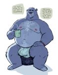  2023 anthro baloo bear belly big_belly bulge clothing dramamine english_text hi_res male mammal moobs mug navel nipples overweight overweight_male sitting solo text the_jungle_book underwear 