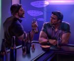  2boys absurdres alcohol bar_(place) beard black_hair black_shirt bottle call_of_duty call_of_duty:_modern_warfare_2 captain_price cup drinking_glass english_text facial_hair hat highres holding holding_bottle jewelry looking_at_another male_focus multiple_boys muscular muscular_male necklace nikolai_(modern_warfare) sasha_shkret shirt short_hair watch wristwatch 