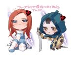  2girls :&lt; all_fours android animification apex_legends ash_(titanfall_2) ashleigh_reid blue_dress blue_eyes blush boots breasts chibi colored_sclera cracked_skin dress dual_persona frown gloves grey_sclera highres hood hood_up long_hair looking_at_viewer looking_to_the_side medium_breasts metal_skin multiple_girls nagoooon_114 orange_eyes simple_background simulacrum_(titanfall) sitting sweatdrop tearing_up thighhighs translation_request white_background white_footwear white_gloves white_thighhighs 