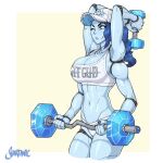  1girl barbell baseball_cap blue_eyes blue_hair blue_skin breasts cleavage colored_skin cracked_skin dumbbell elden_ring exercise extra_arms hat long_hair one_eye_closed pink_background ranni_the_witch shardanic short_shorts shorts solo sports_bra weightlifting 