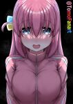  1girl :d absurdres black_background blue_eyes blush bocchi_the_rock! breasts cleavage gotou_hitori hair_between_eyes hair_ornament highres jacket large_breasts long_hair looking_at_viewer open_mouth pink_hair pink_jacket simple_background smile solo tomodachi_(tomofanart) track_jacket twitter_username upper_body 