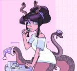  2022 apode bathroom brush brushing brushing_teeth clothing demon discount-supervillain draconcopode female hair_tied hat headgear headwear legless living_horn living_tail naga nightcap reptile scalie serpentine snake tail unusual_anatomy unusual_tail 